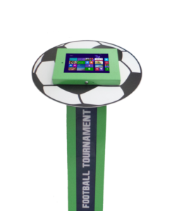 Zielony stojak na tablet Tabkiosk stand promotion v2 z panelem i kołnierzem reklamowym