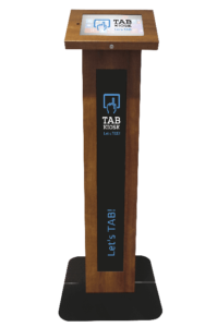 Metalowy stojak na tablet imitujący drewno Tabkiosk stand classic